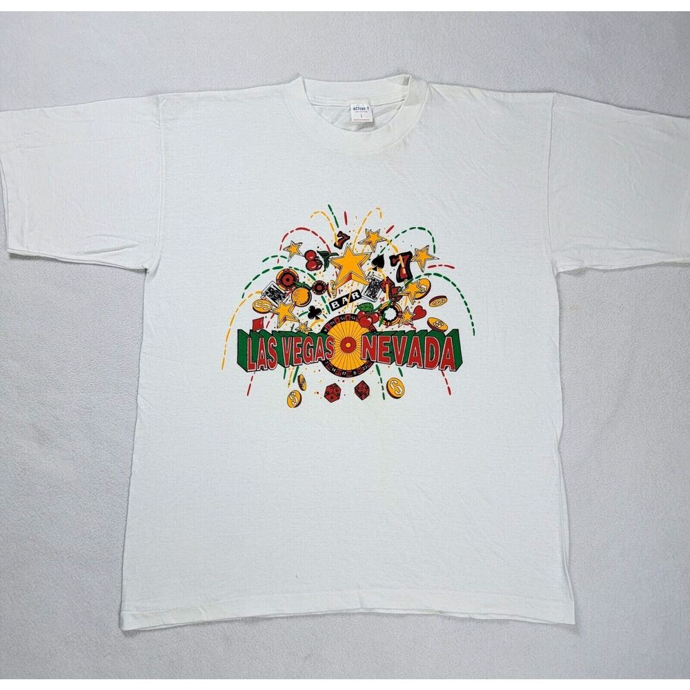 Vintage Las Vegas T-Shirt Men's Size Large White Single Stitched Casinos Slots